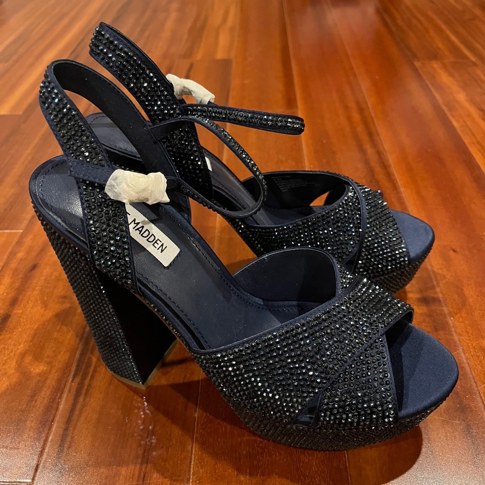 Steve Madden Blue Shoes Partytme Navy Rhinestone Platform Block Heel Sandal 9.5M